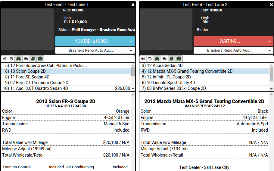 Surge Simulcast with two live auction lanes, one showing a $19,000 bid and the other waiting for bids